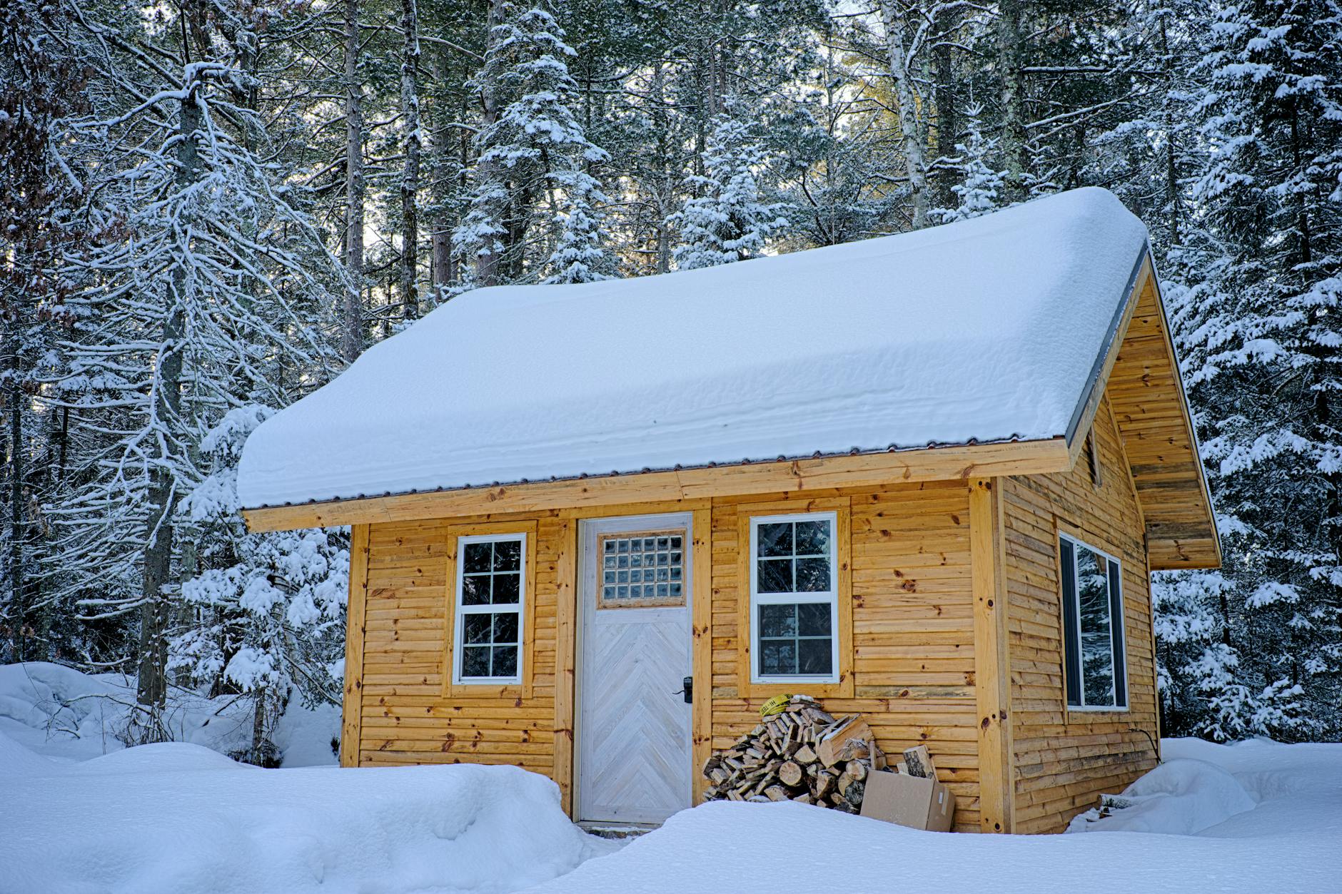 Snow covered wooden house inside forest