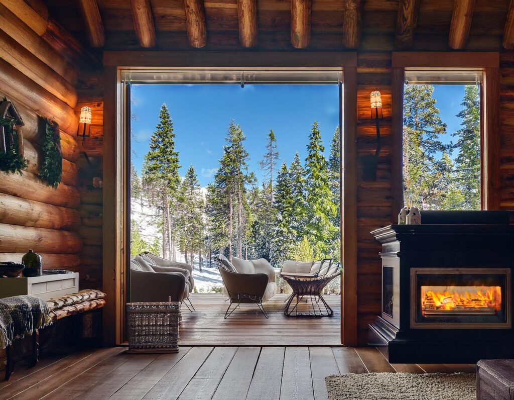 Log cabin with door wall open