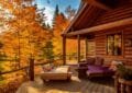 Firefly a vibrant photo of a cozy log cabin set in a forest showcasing warm wooden beams and large