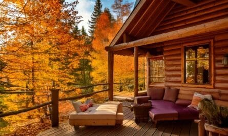 Firefly a vibrant photo of a cozy log cabin set in a forest showcasing warm wooden beams and large