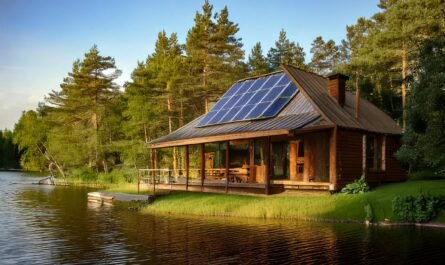 Generate a 35mm photo-quality image of a spacious, off-grid cabin by a serene lake, surrounded by lush greenery. The cabin features a rustic, timber-built exterior with large panoramic windows, inviting the warmth of natural light. Include solar panels visible on the roof, and show the lake shimmering in the background under clear skies.