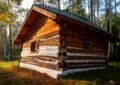 Firefly create a photo quality image of a rustic log cabin in a forest setting during the early morn