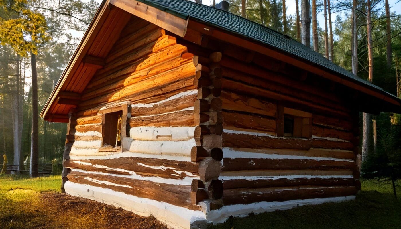 Firefly create a photo quality image of a rustic log cabin in a forest setting during the early morn