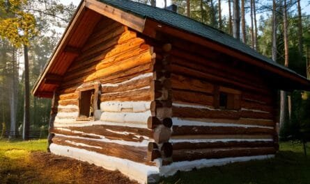 Firefly create a photo quality image of a rustic log cabin in a forest setting during the early morn