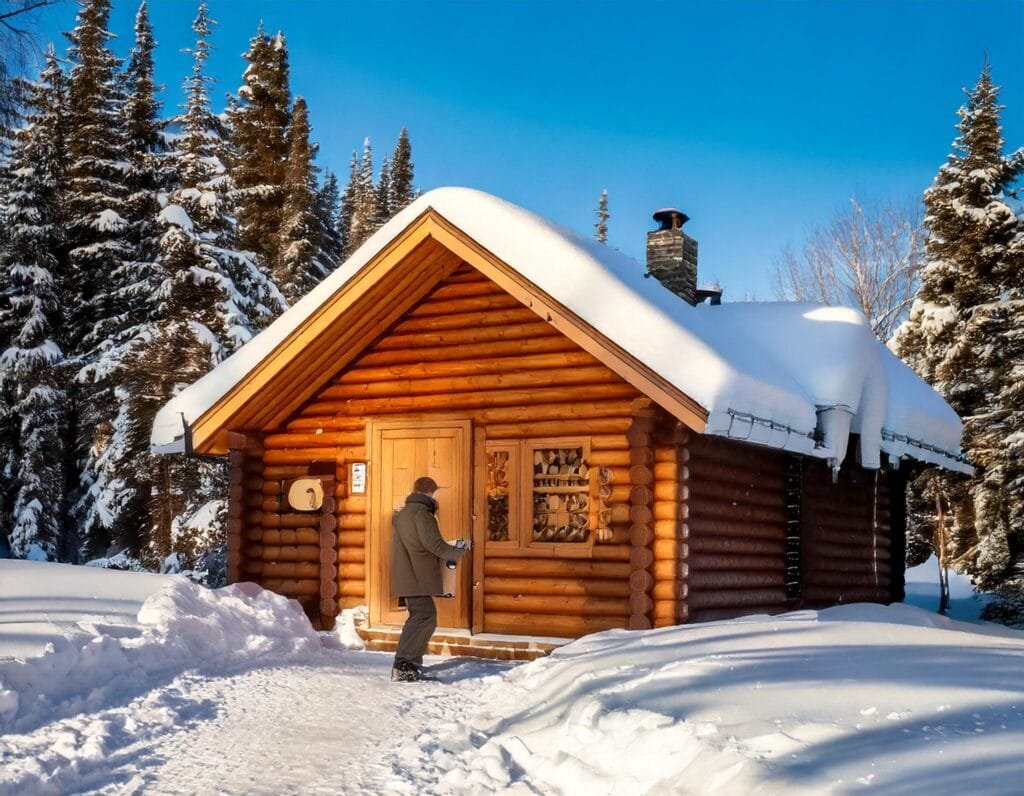 A person standing in front of a log cabin in the snow