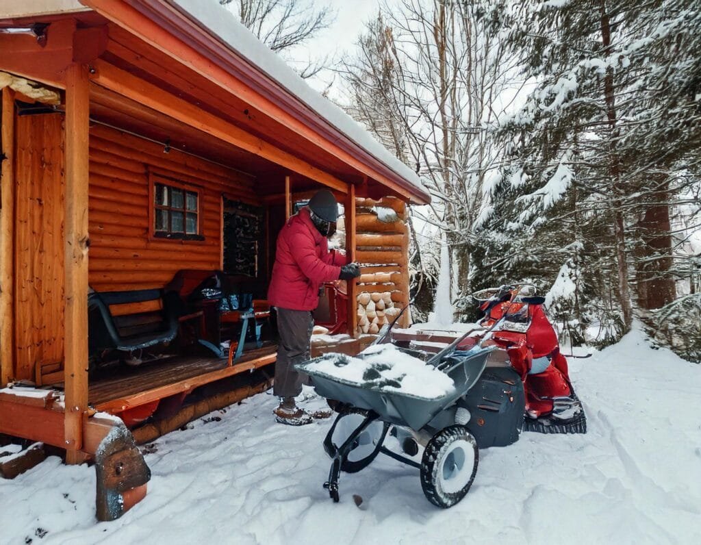 A person standing outside of a log cabin with snow on the ground