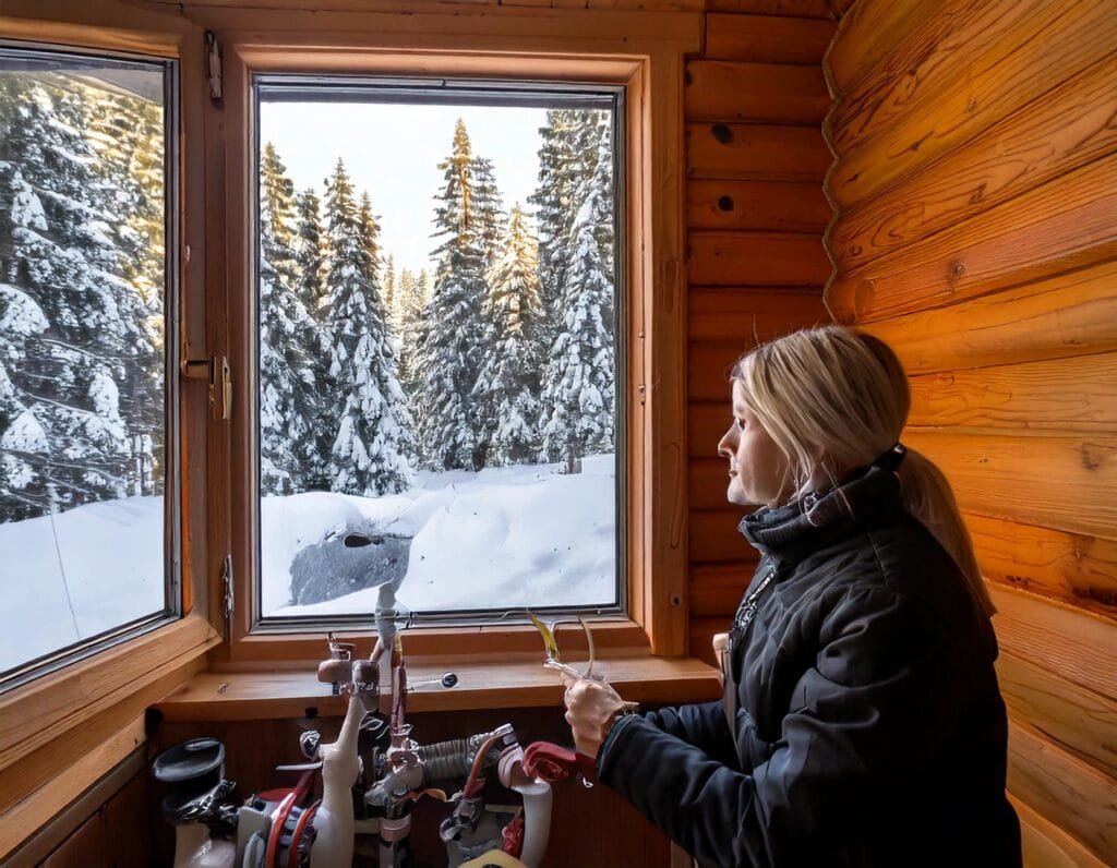 A woman looking out a window in a cabin