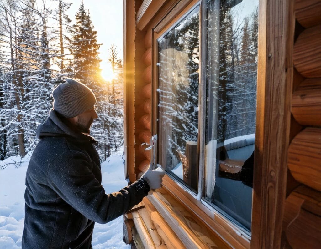 A man cleaning a window in a cabin