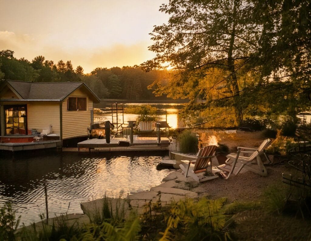 A house with a dock and chairs on the shore
