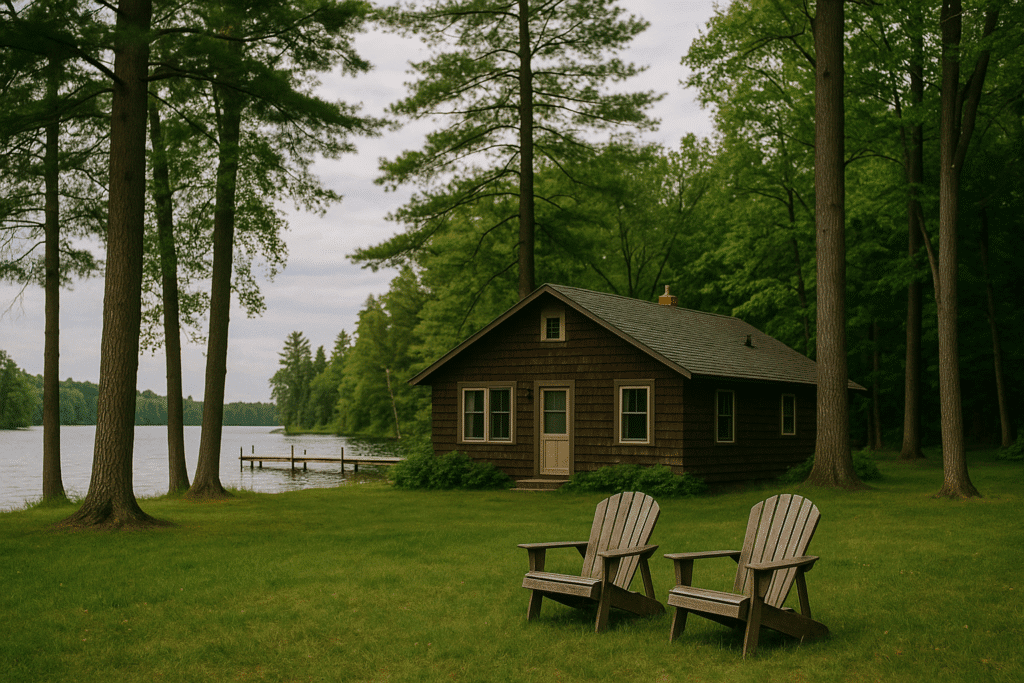 A house with a lake and chairs in front of it
