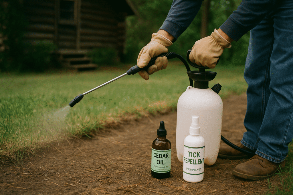 A person spraying insect repellent