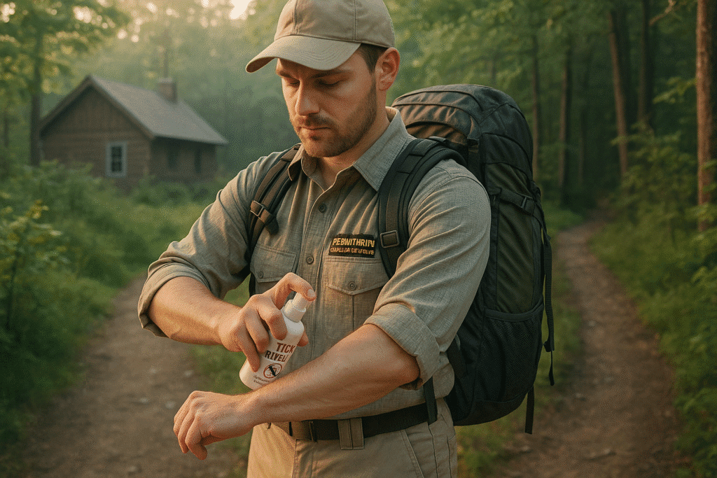 A man wearing a backpack and holding a spray bottle