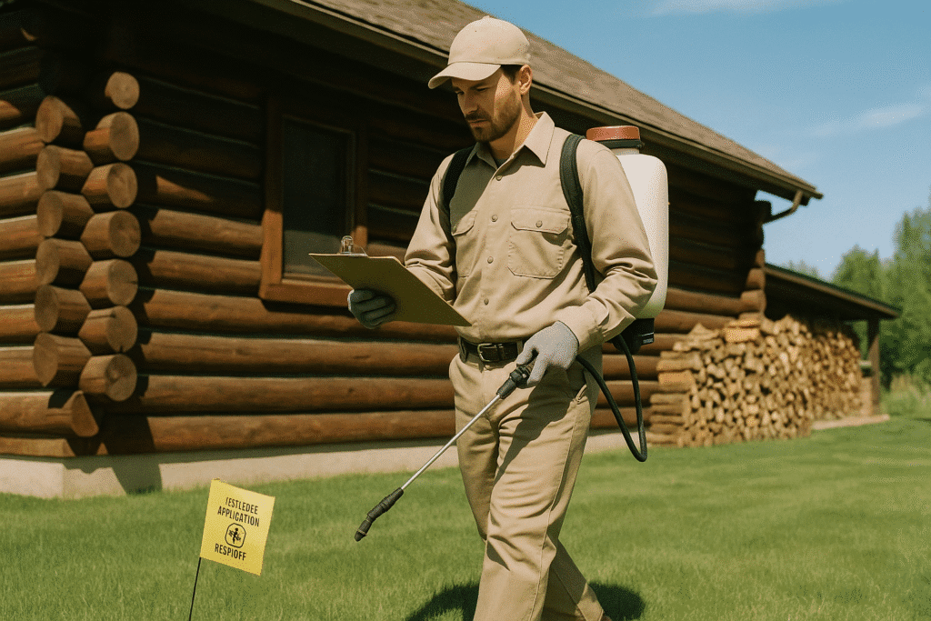 A man in uniform with a sprayer and clipboard