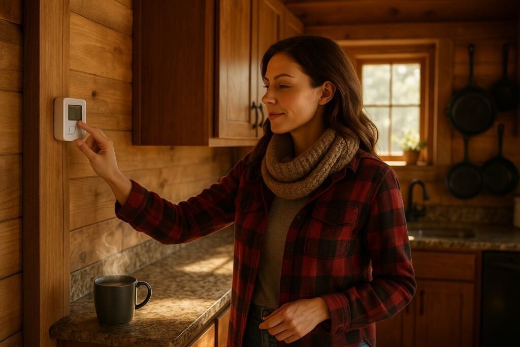 Adjusting thermostat in cozy kitchen.