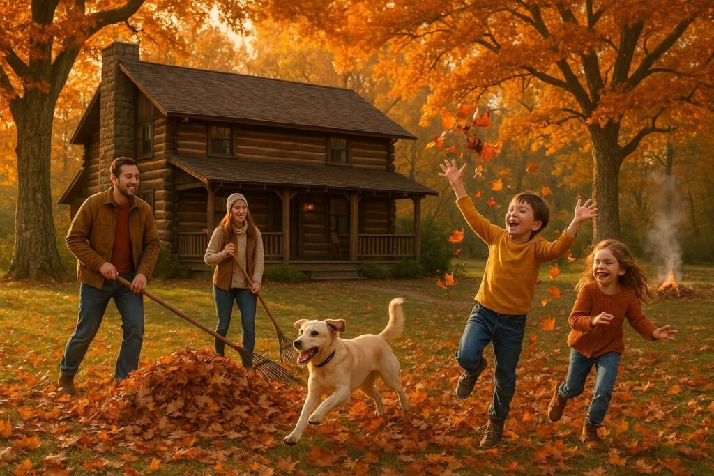Family playing in autumn leaves.