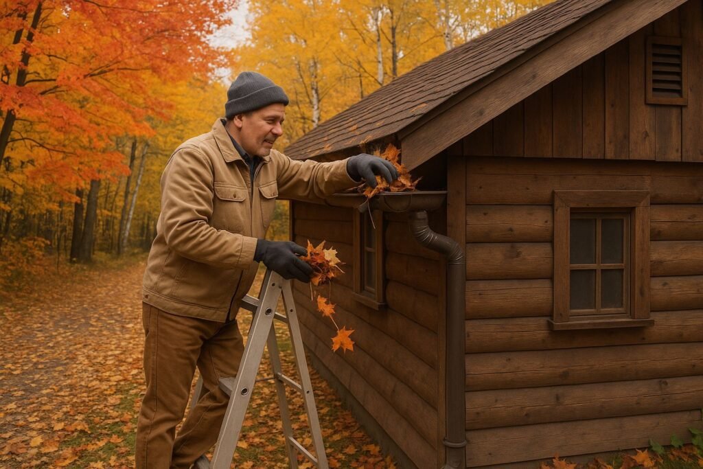 Man cleaning gutters in autumn.