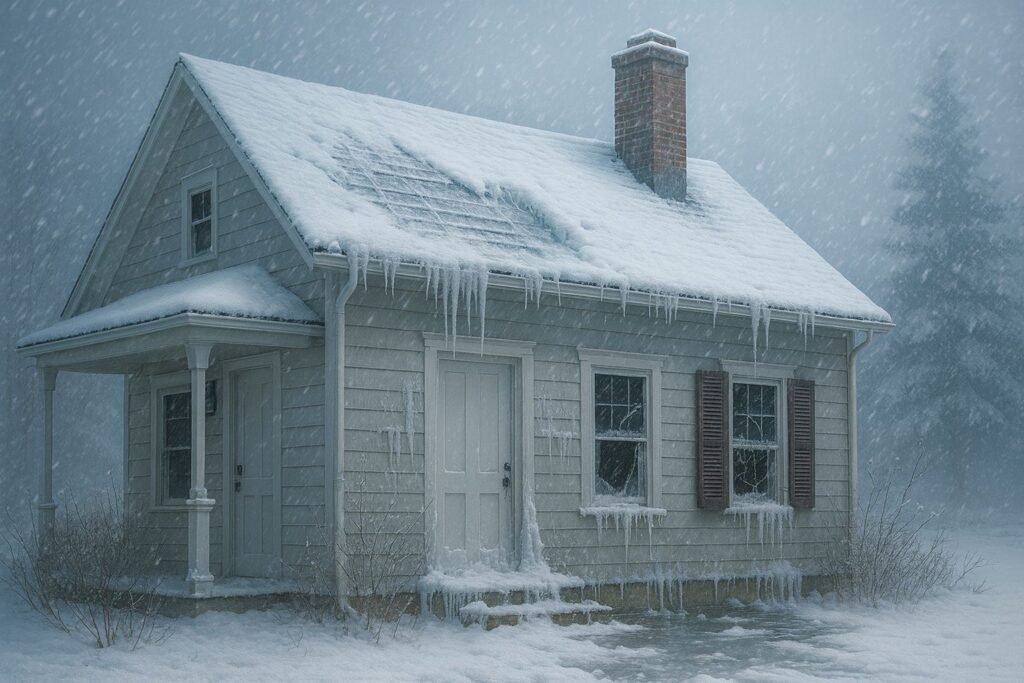 Snowy cabin with icicles and fog - winterize your great lakes cottage