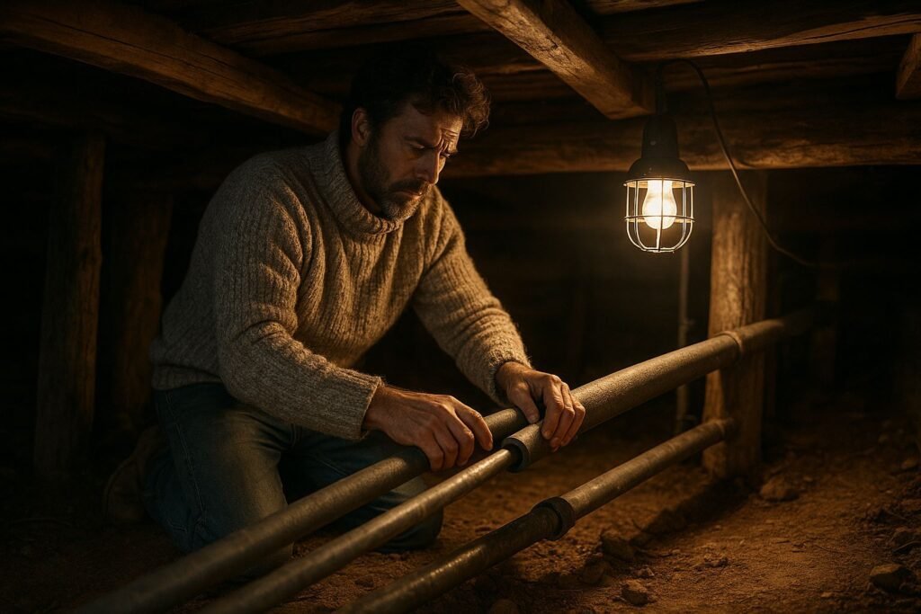 Man working on pipes in basement.