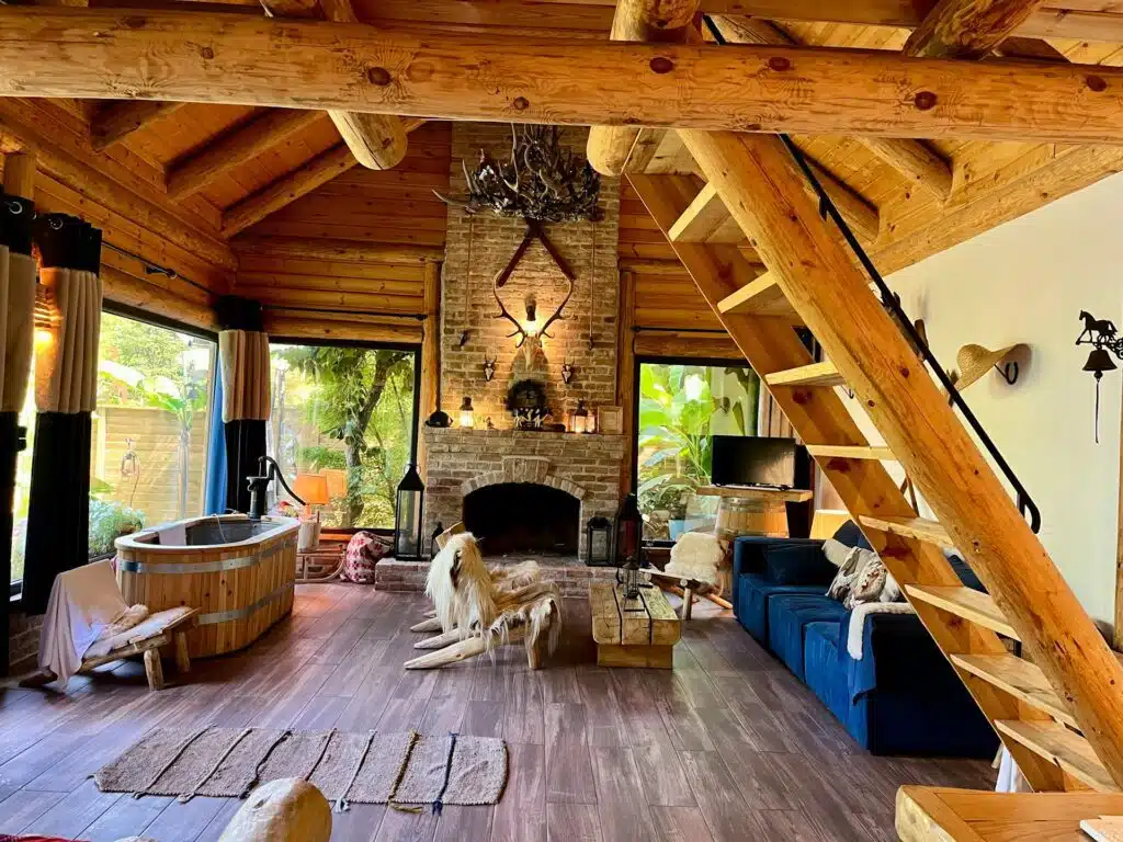 Cozy wooden cabin with fireplace