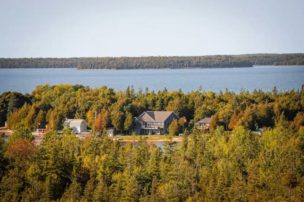 Lakeside homes surrounded by autumn trees