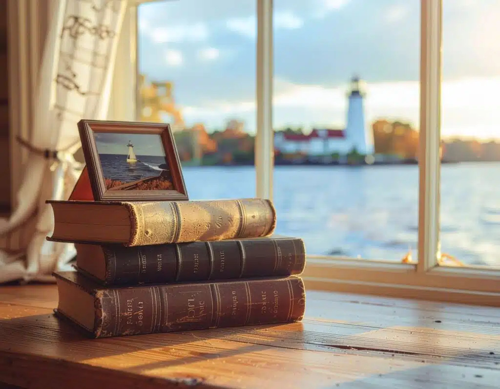 35mm close up photo of vintage maritime books on a wooden cottage table near a window
