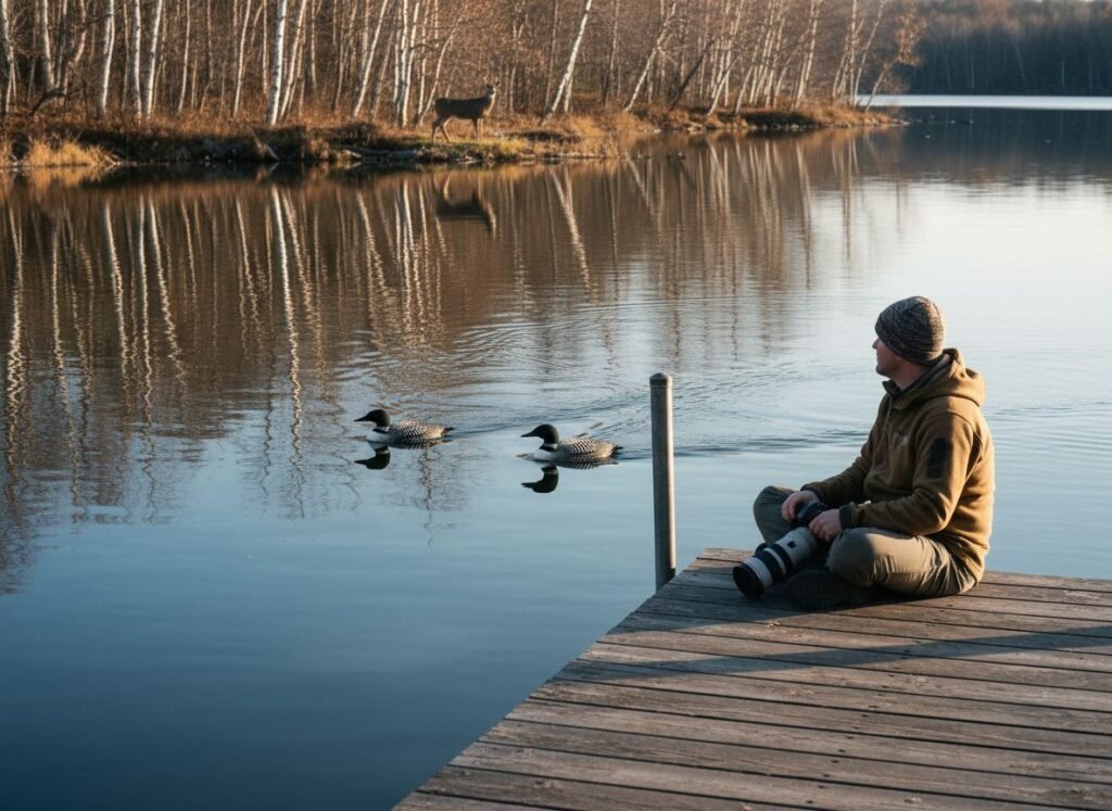 35mm high-quality photo of a photographer standing at a respectful distance from a deer near a lakeside cottage clearing. The photographer is still and calm, holding a camera at their side rather than pointed. The deer watches from among bare birch trees. Soft late-fall light, muted earth tones, clear ethical wildlife mood, magazine-style composition with natural focus and depth of field.