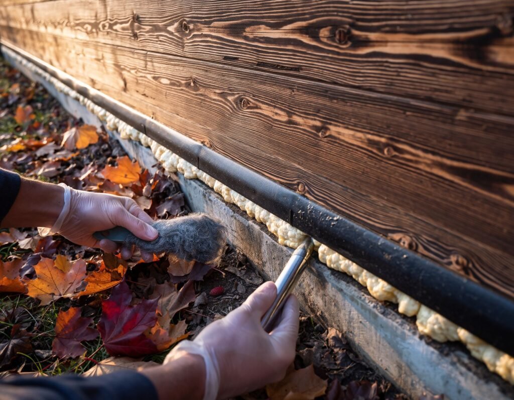 35mm macro photo showing hands sealing a small gap near a cottage foundation