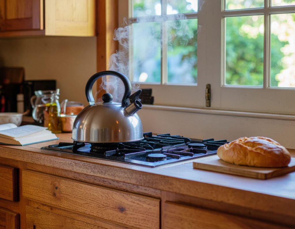 35mm photo of a cottage kitchen with cast iron kettle steaming on a stove cookbooks