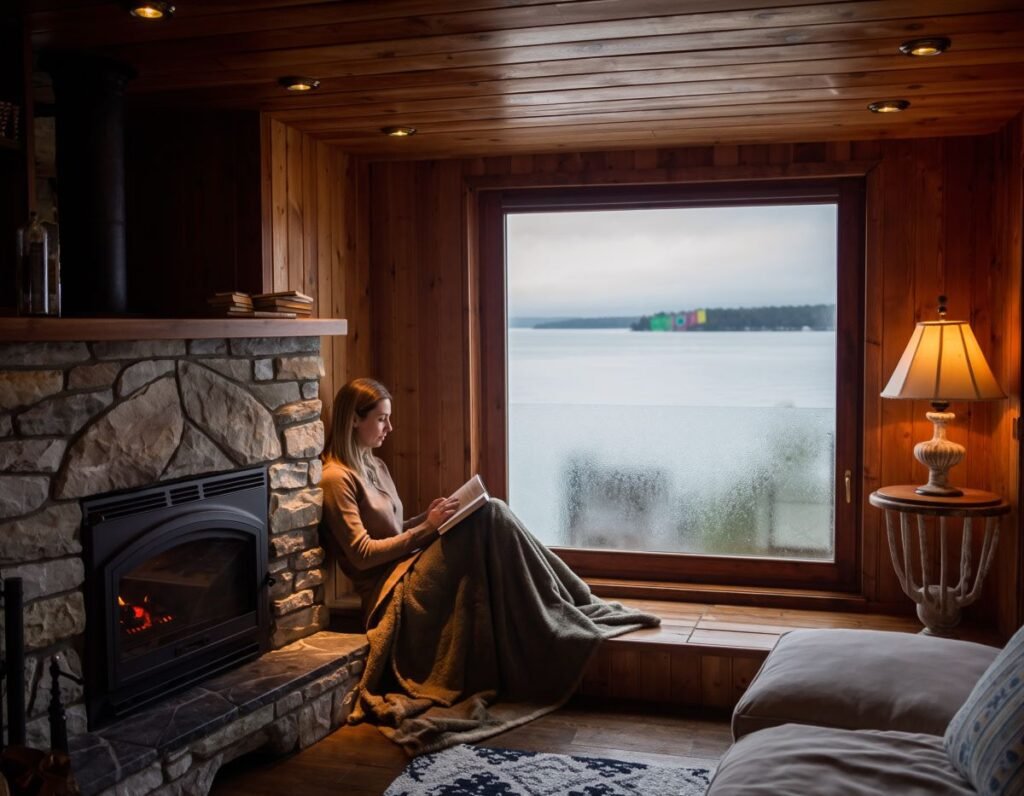 35mm photo of a cozy great lakes cottage interior in late fall
