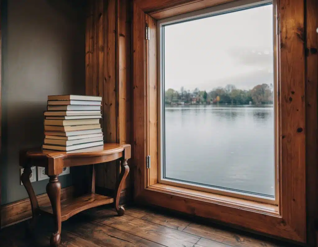 35mm photo of a rustic reading nook overlooking a lake. Stack of novels on a side tab