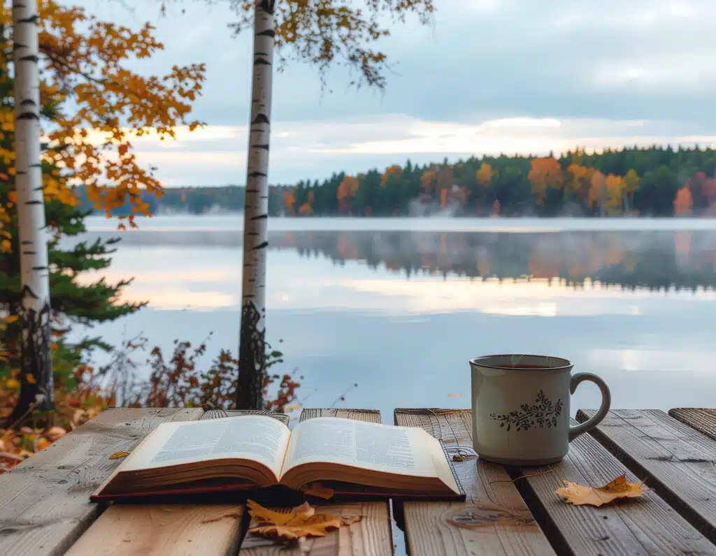 Firefly 35mm photo of a lakeside porch in late fall with a mug of tea open nature book birc 285097