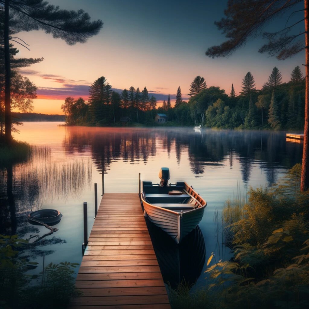 Serene lake at sunset with boat - cottage life in minnesota
