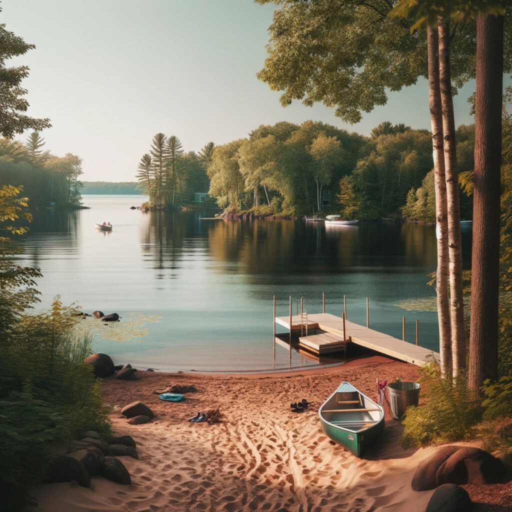 Serene lake with canoe and dock
