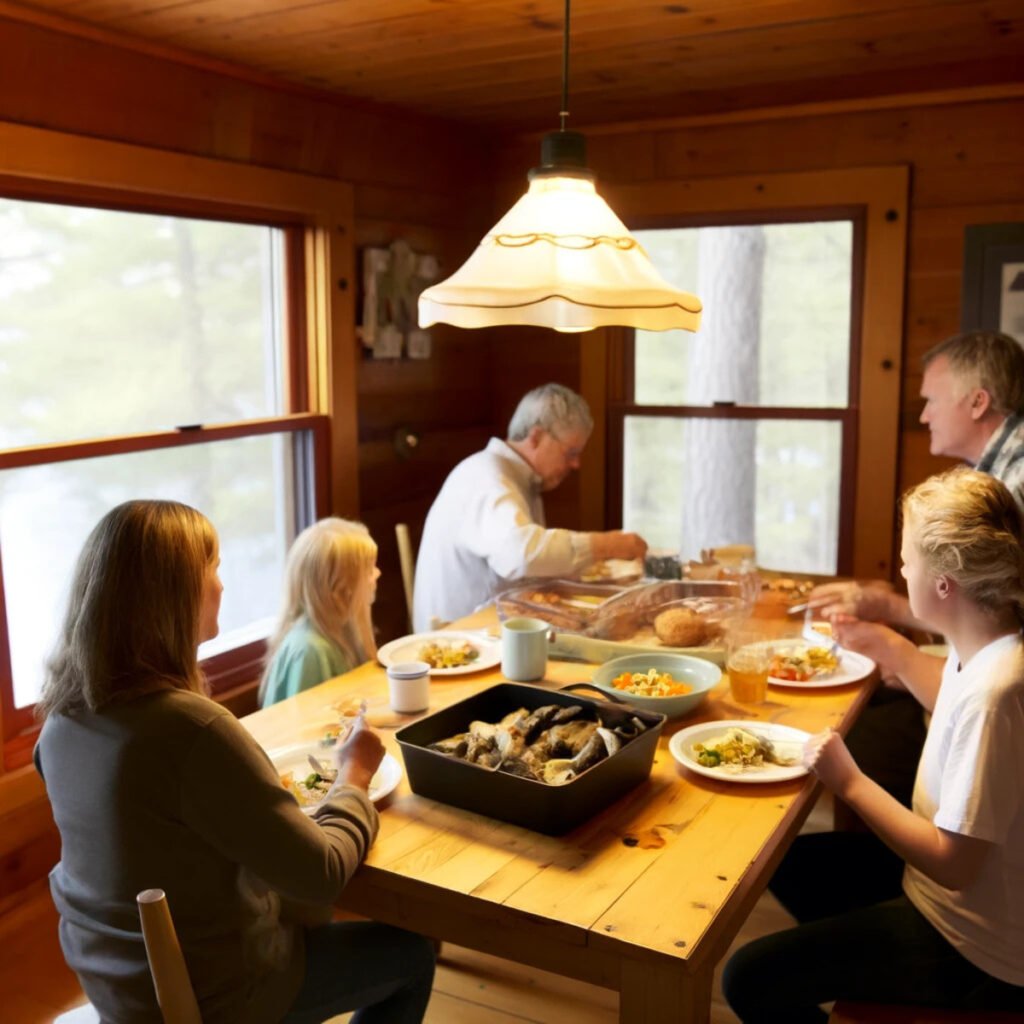 Family gathering around a dining table.