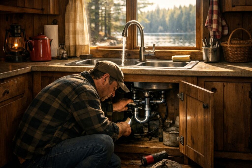 Person fixing sink in rustic kitchen