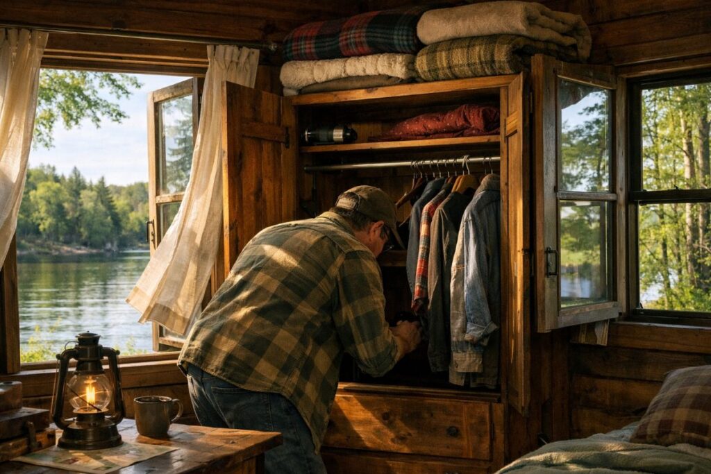 Man checking wooden closet by lake