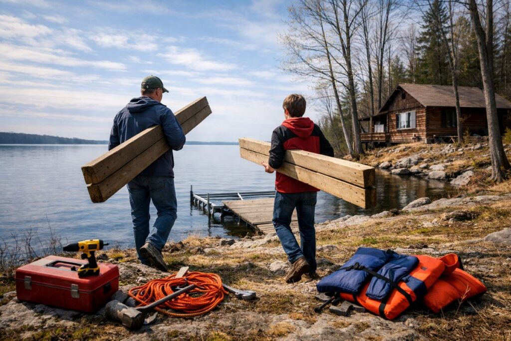 Two people carrying wooden planks