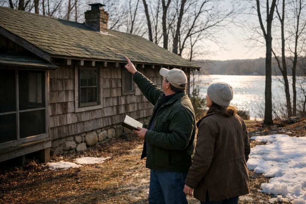 Two people inspecting a cabin roof.