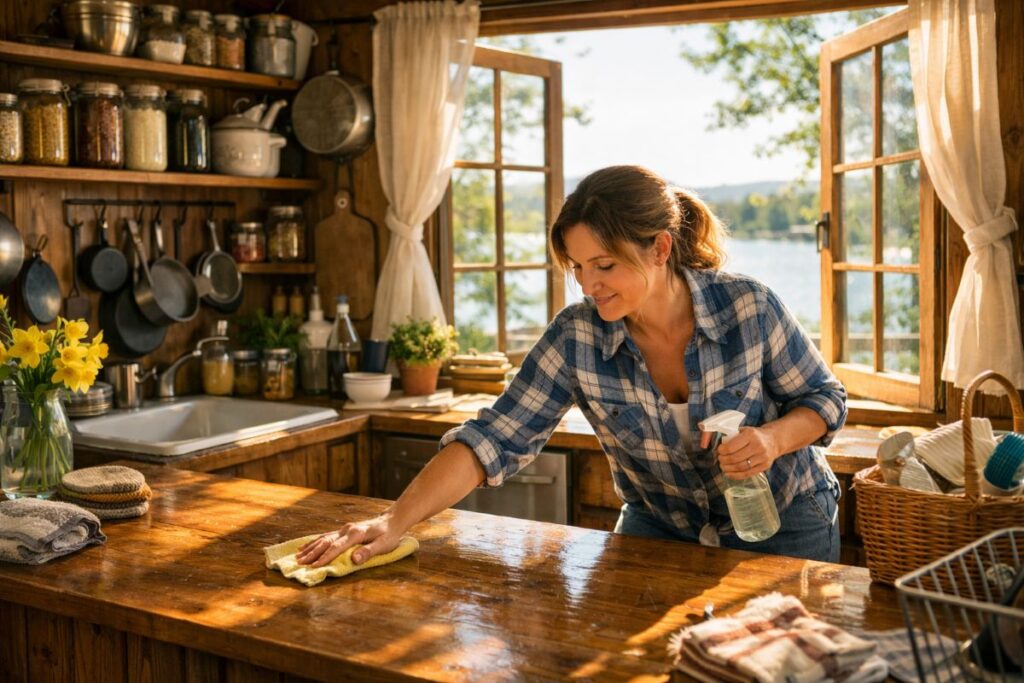Woman cleaning wooden kitchen countertop.