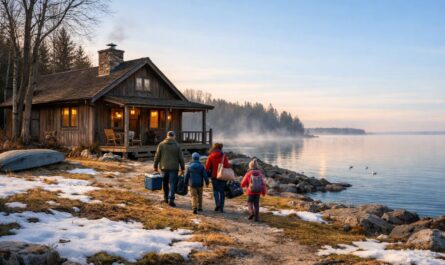 Family walking to lakeside cottage