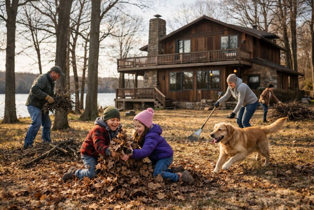 Children playing with leaves, dog running.