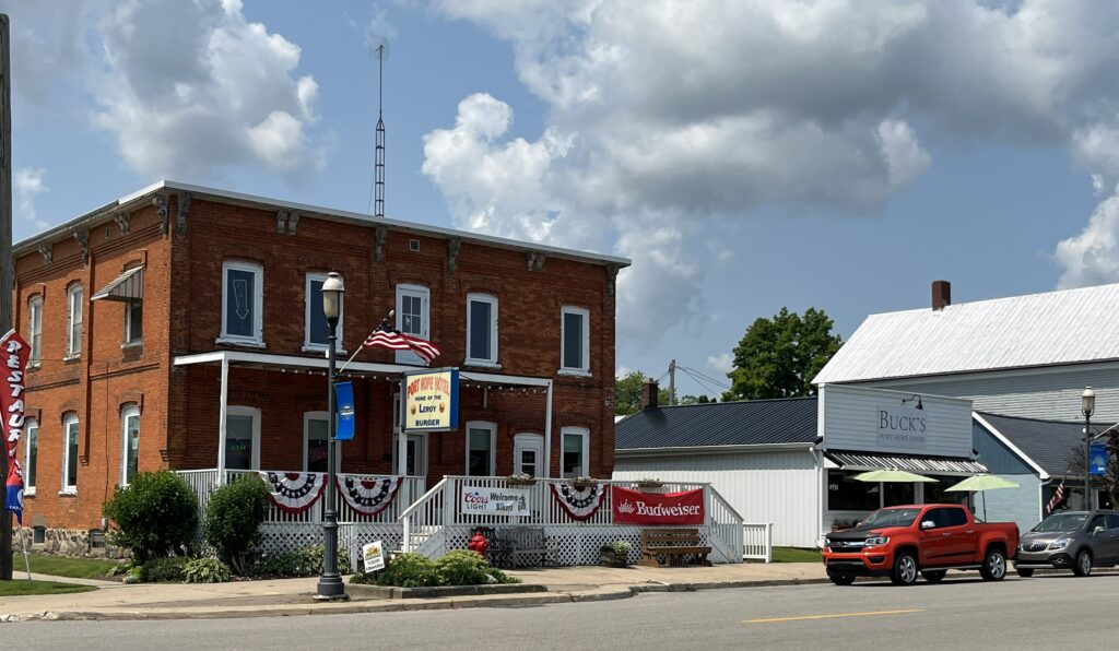 Historic building with american flags