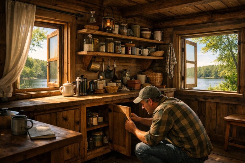 Cozy cabin with rustic decor.