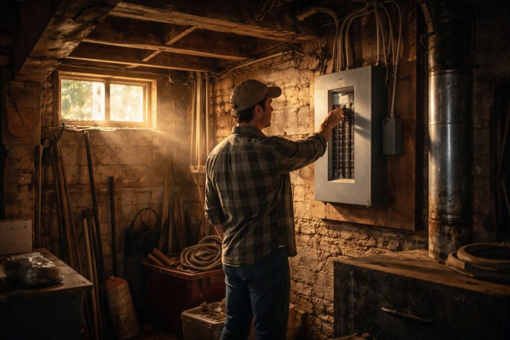 Person inspecting electrical panel in basement.