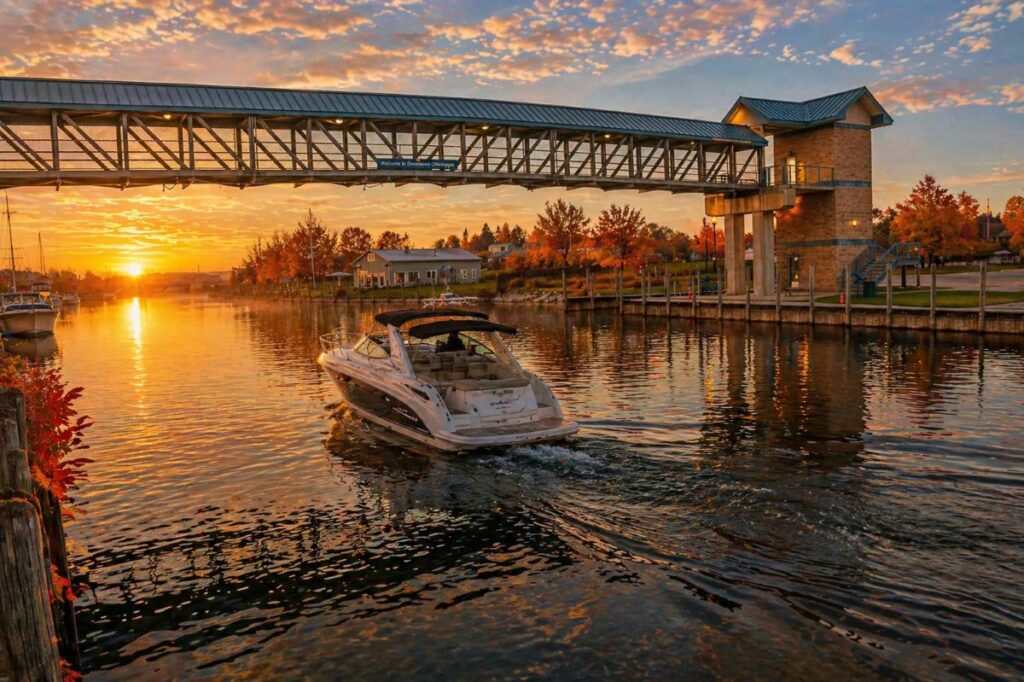 Boat cruising at sunset on water