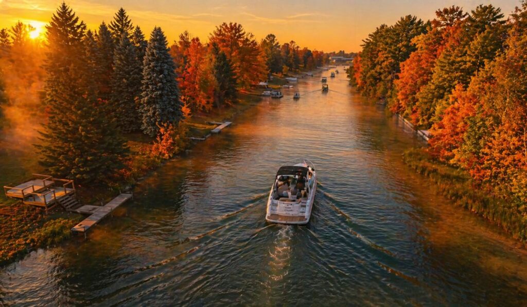 Autumn scene with boats on river