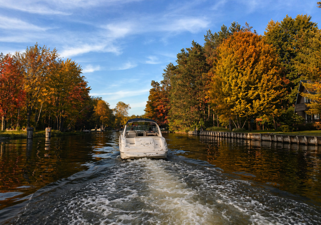 Boat cruising through autumn-colored trees.
