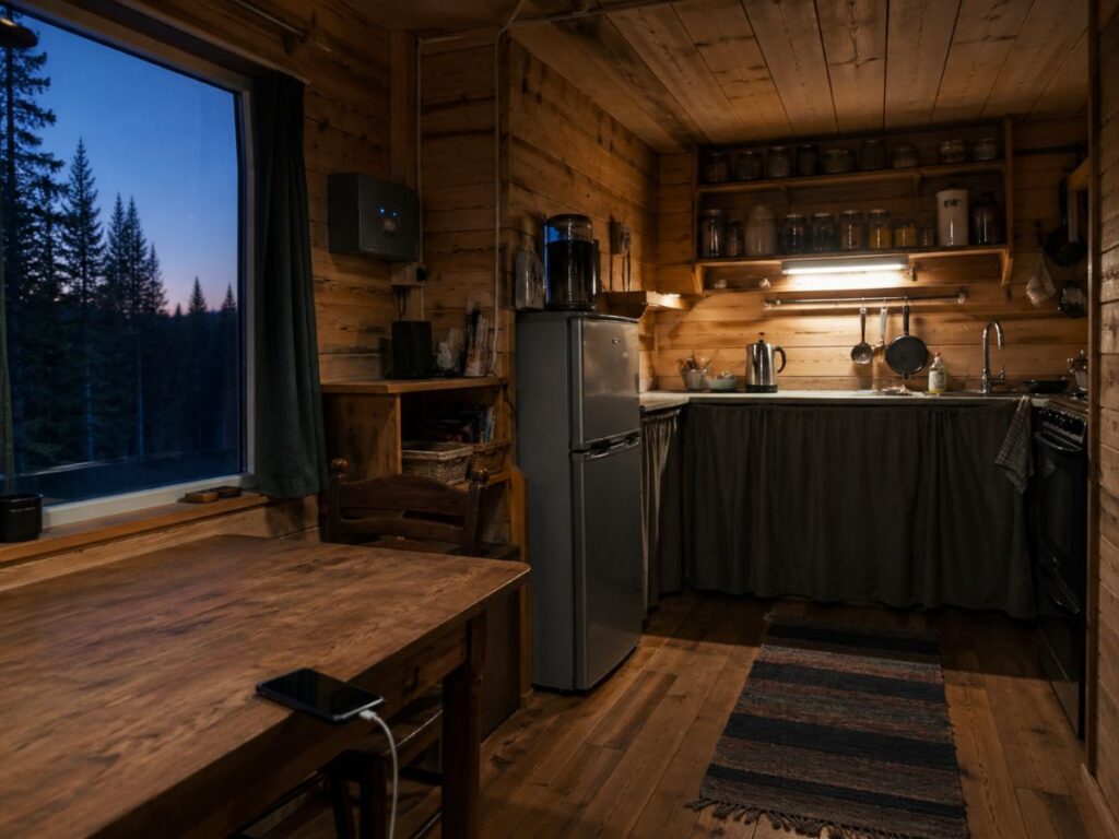 Cozy wooden cabin kitchen interior.