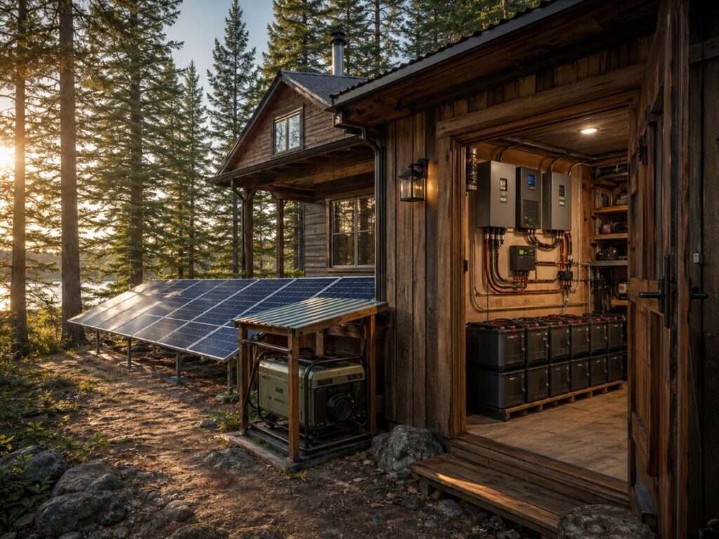 Solar panels beside rustic cabin.