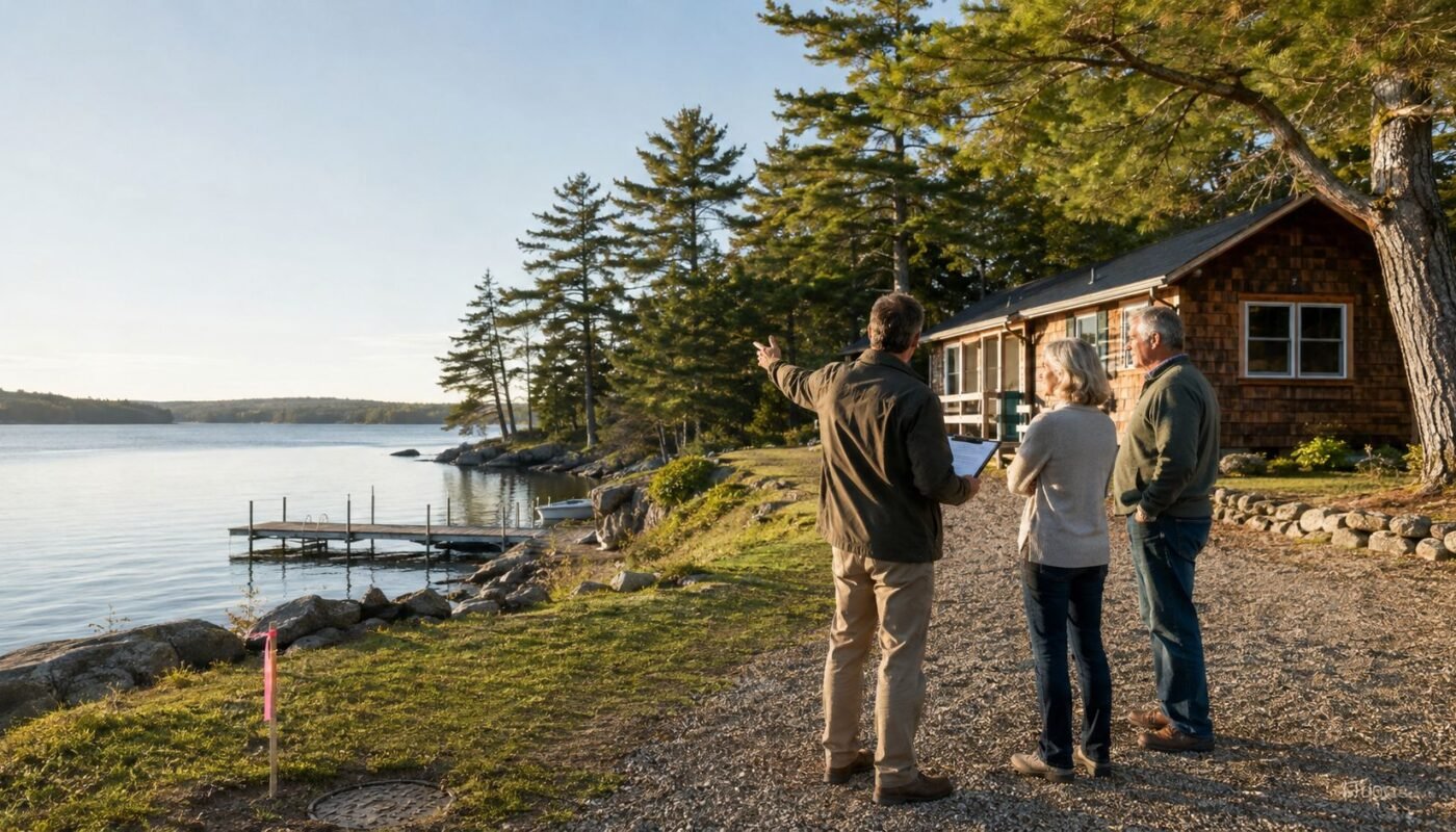 Three people discussing a lakeside cottage.